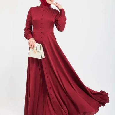 Women's Long-Sleeve Maxi Dress – Burgundy, Button Front, Flared Skirt