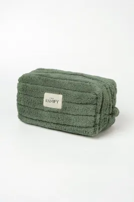 Striped Plush Cosmetic Bag – Green, Red, Pink, Cream and Blue