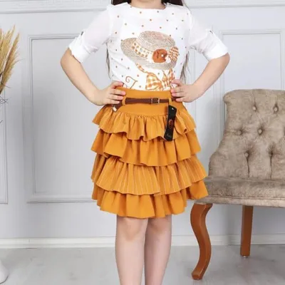 Girls' T-Shirt and Skirt Set (Pack of 10) – Hat Print Top, Orange Tiered Ruffle Skirt