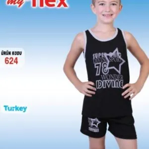 Boys' Cotton Athlete and Shorts Set – Model 624, Black 'Wonder Diving'