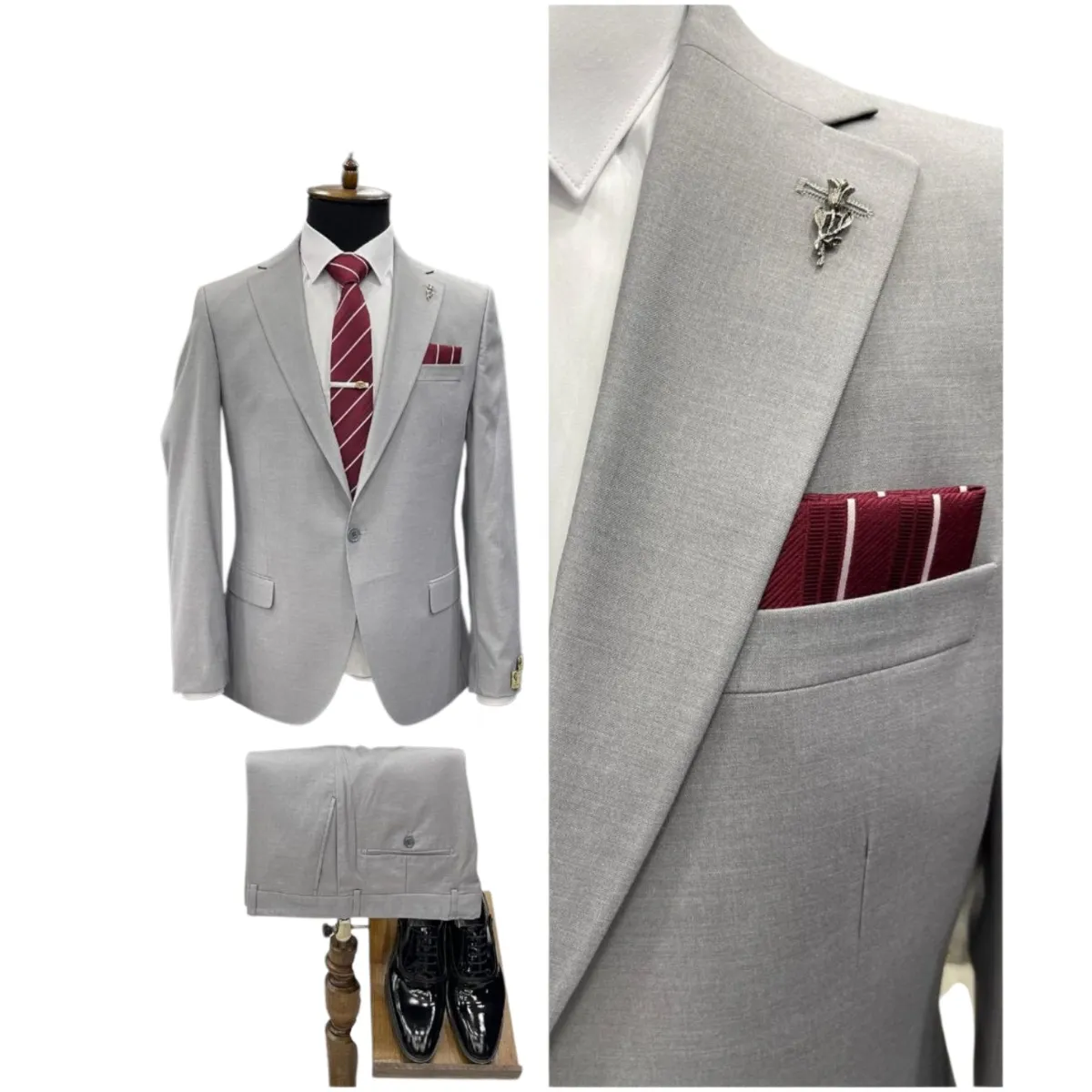 Men's Slim Fit 2-Piece Suit – Grey, Beige and Green — picture 3