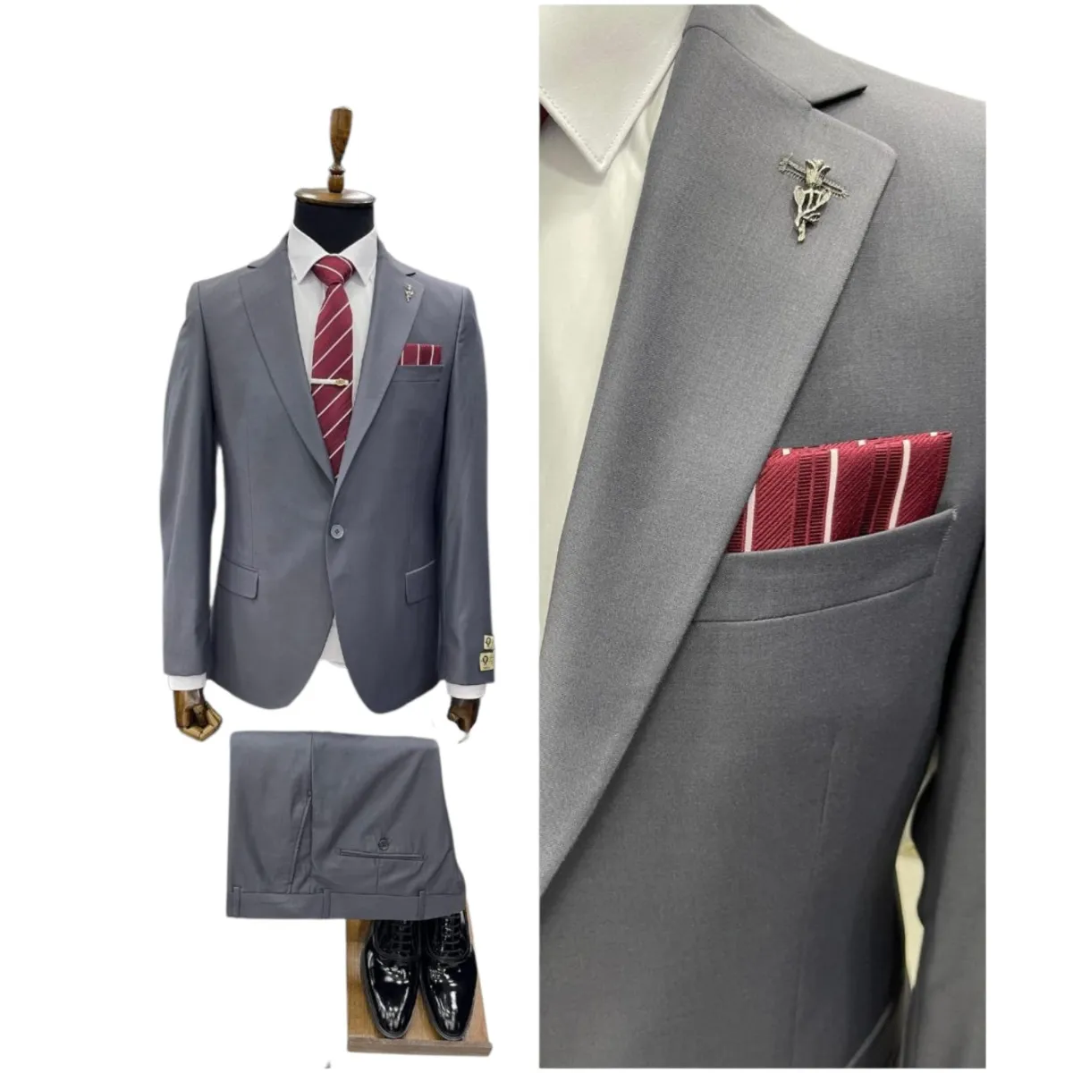 Men's Slim Fit 2-Piece Suit – Grey, Beige and Green — picture 6