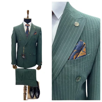 Men's Double-Breasted Pinstripe Suit – Green, Charcoal and Blue