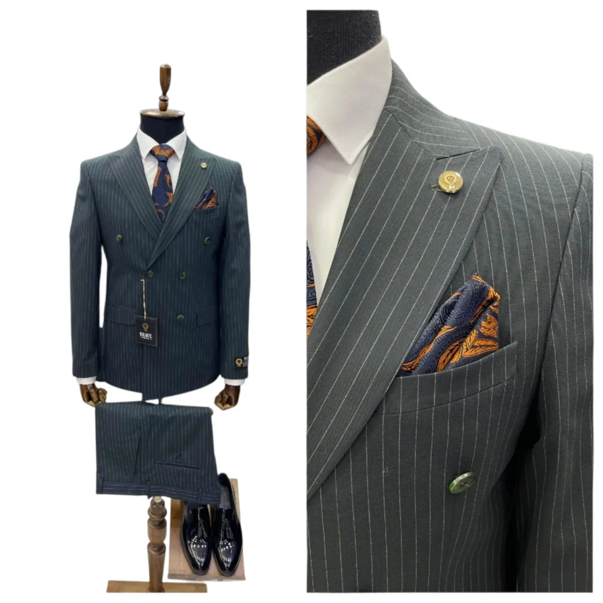 Men's Double-Breasted Pinstripe Suit – Green, Charcoal and Blue — picture 2