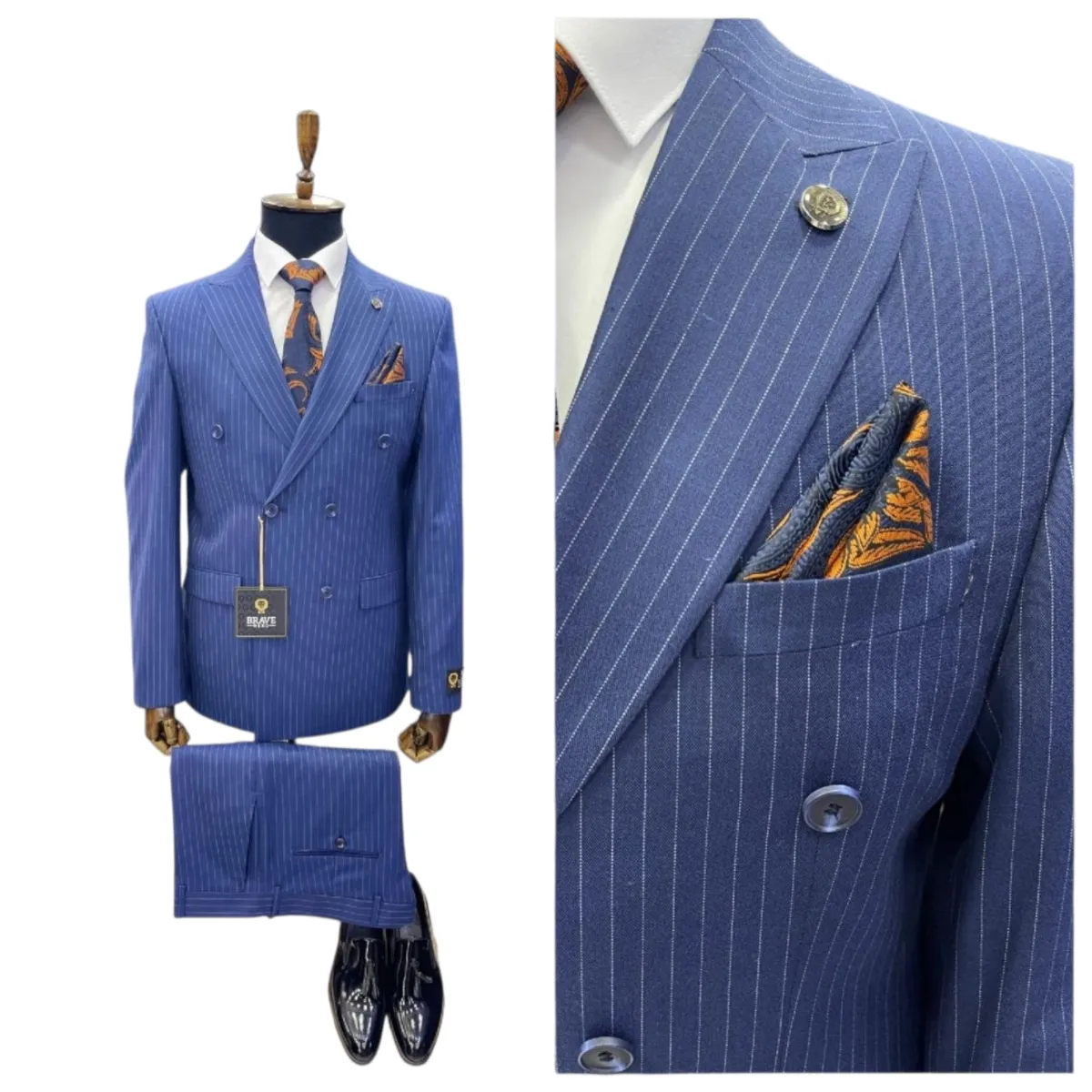 Men's Double-Breasted Pinstripe Suit – Green, Charcoal and Blue — picture 3